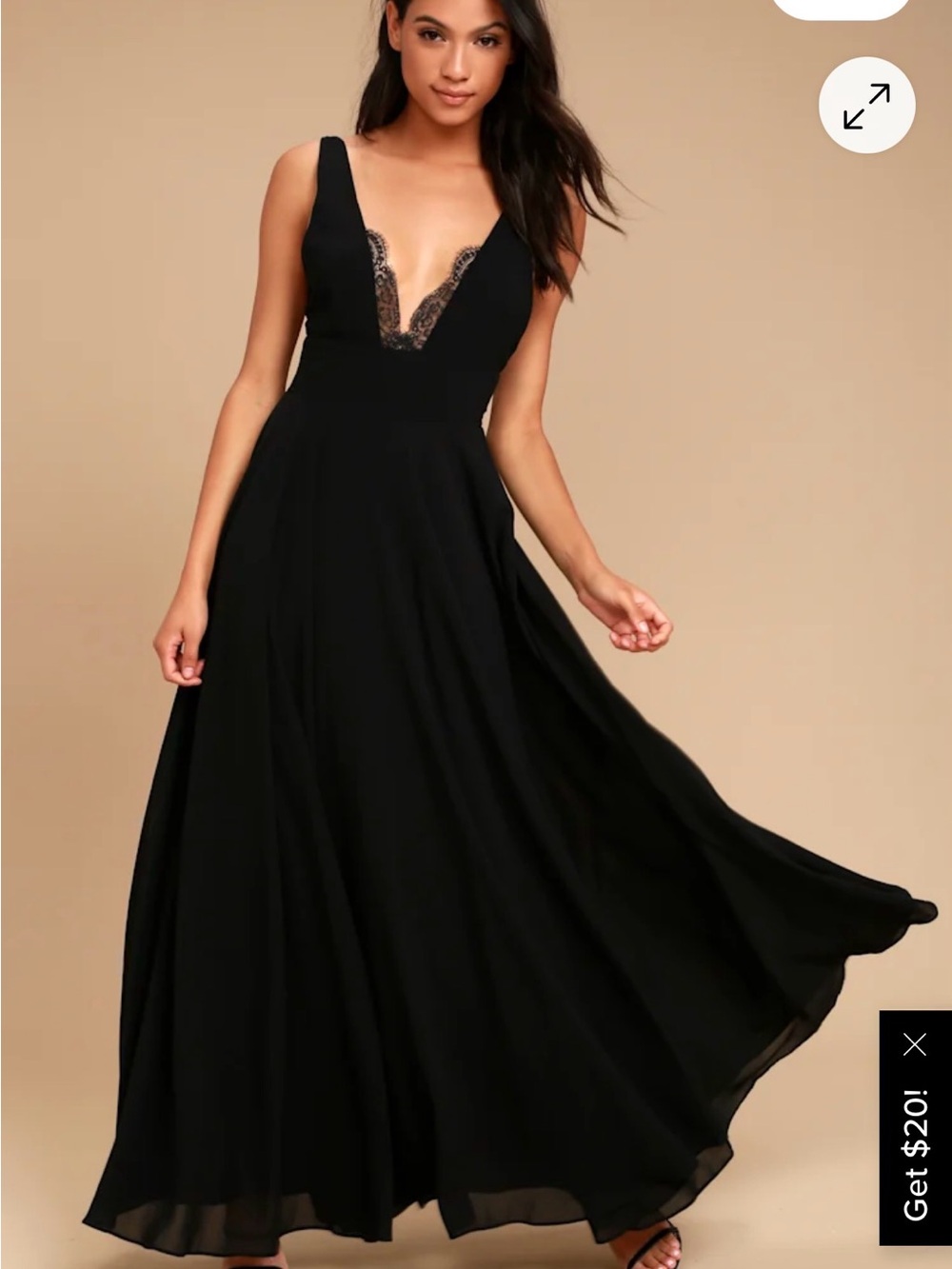 Lulu's Black Deep V Lace Trim Prom Dress